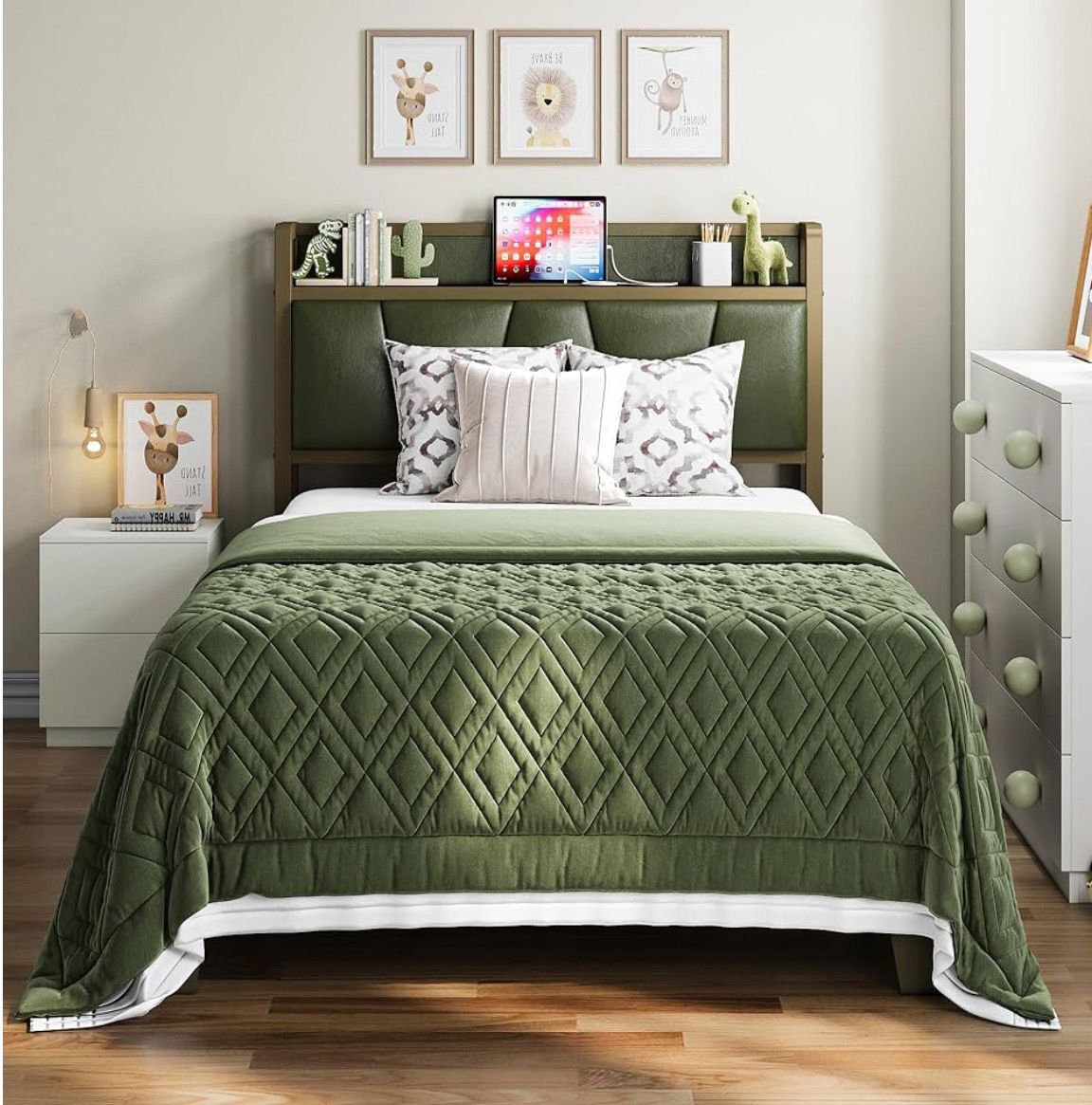 Twin Bed Frame, Storage Headboard with Charging Station, Solid and Stable, Noise Free, No Box Spring Needed, Easy Assembly (Dark Green)