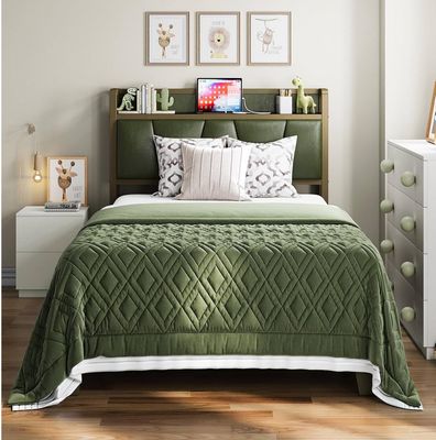 Twin Bed Frame, Storage Headboard with Charging Station, Solid and Stable, Noise Free, No Box Spring Needed, Easy Assembly (Dark Green)
