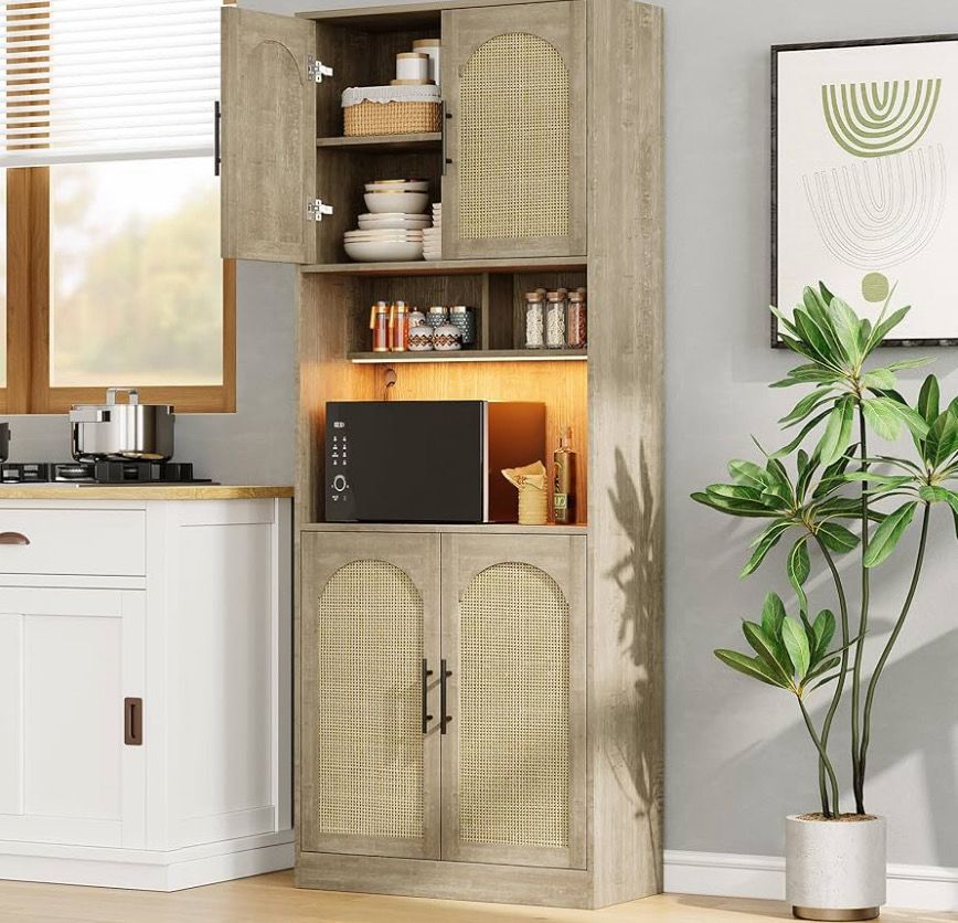 Kitchen Pantry Cabinet with RGB Light, Tall Kitchen Hutch Bar Cabinet with Microwave Stand, Farmhouse Large Wood Storage Cabinet with Barn Doors & 2 Open Shelves, Cupboard for Dining Room, Oak Kitchen Pantry Cabinet with RGB Light, Tall Kitchen Hutch Bar Cabinet with Microwave Stand, Farmhouse Large Wood Storage Cabinet with Barn Doors & 2 Open Shelves, Cupboard for Dining Room, Oak