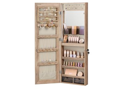 SONGMICS Jewelry Cabinet Armoire Organizer with LED Lights, Wall-Mounted Storage Cabinet with Full-Length Frameless Mirror, Built-in Makeup Mirror, 2 Drawers, Lockable, Camel Brown SONGMICS Jewelry Cabinet Armoire Organizer with LED Lights, Wall-Mounted Storage Cabinet with Full-Length Frameless Mirror, Built-in Makeup Mirror, 2 Drawers, Lockable, Camel Brown