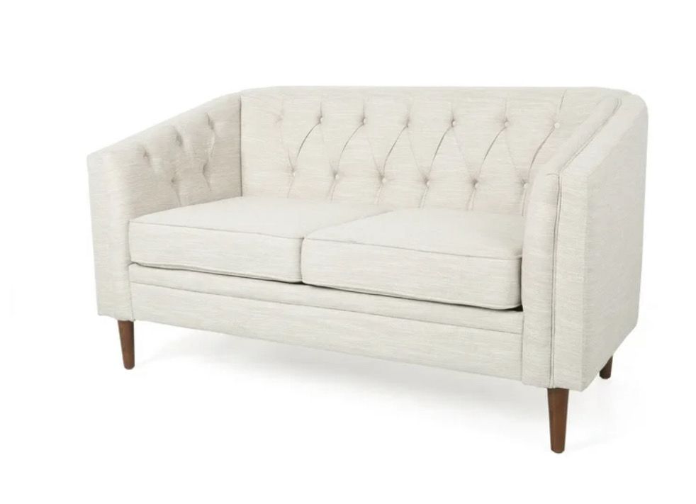 Tufted Loveseat, Beige Fabric and Espresso For Living Room, Closet, Vanity, Bedroom , Home Office
