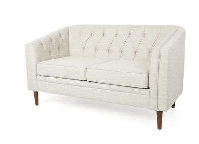 Tufted Loveseat, Beige Fabric and Espresso For Living Room, Closet, Vanity, Bedroom , Home Office
