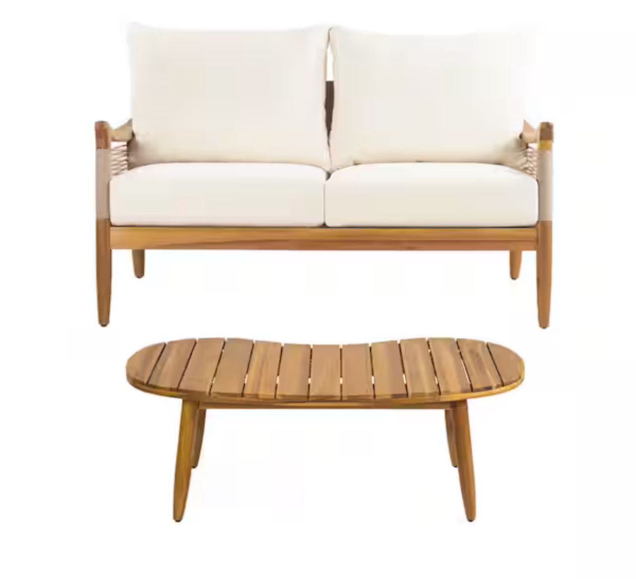 CHRISTOPHER KNIGHT HOME Poppy Outdoor Patio Cushioned Loveseat and Coffee Table Set with Rope Weave, Acacia Wood, Teak Plus Beige