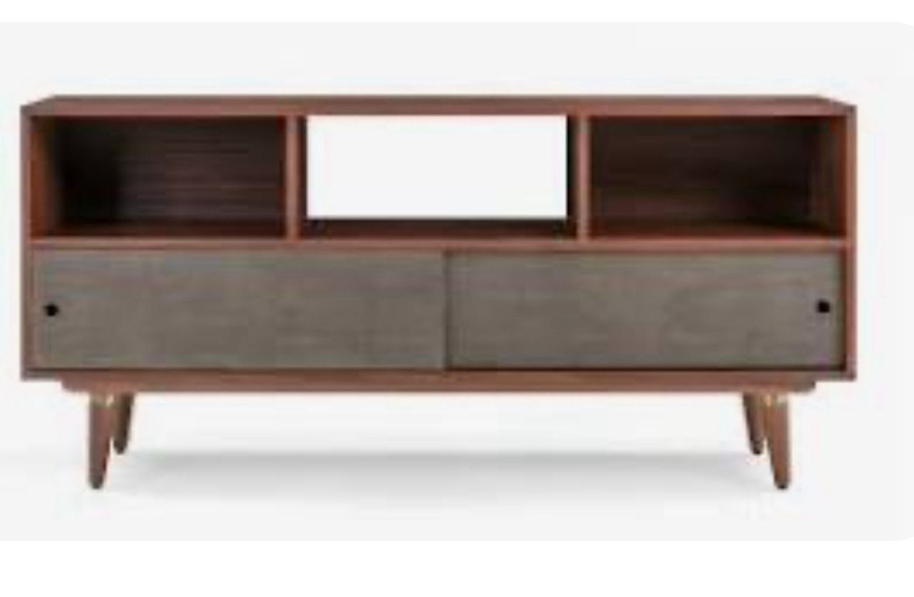 Kardiel Mid-Century Thrive 63" Tv-Stand Media Console/Cabinet Shagreen Leather-Wrapped Doors- Walnut