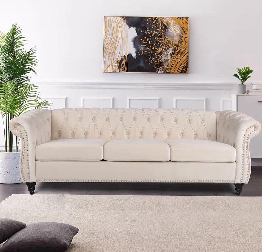 Velvet Chesterfield Sofa, Classic Tufted Upholstered Couch, Modern 3 Seater Couch Long Furniture with Tufted Back for Living Room Office (Beige) Velvet Chesterfield Sofa, Classic Tufted Upholstered Couch, Modern 3 Seater Couch Long Furniture with Tufted Back for Living Room Office (Beige)