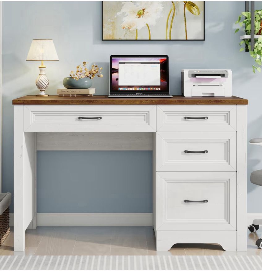 Farmhouse Executive Desk with Drawers, Wood Computer Desk with Ample File Drawer, Rustic Home Office Desk with Storage for Bedroom, Living Room, White Farmhouse Executive Desk with Drawers, Wood Computer Desk with Ample File Drawer, Rustic Home Office Desk with Storage for Bedroom, Living Room, White