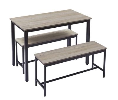 Industrial Dining Table Set with Benches, Space Saving Kitchen Table & 2 Benches - Grey and Black, 43.3″L x 23.6″W x 29.9″H