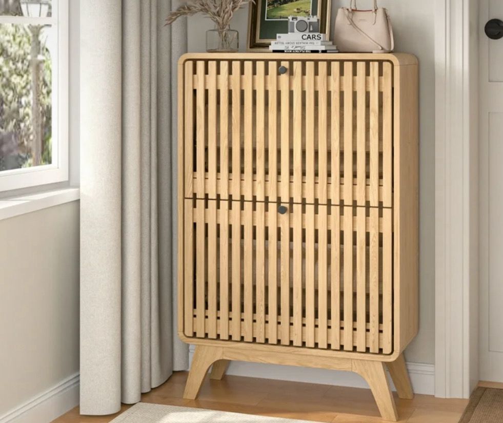 Shoe Cabinet with 2 Flip Drawers, Fluted Shoe Cabinet for Entryway, Narrow Shoe Organizer for Living Room