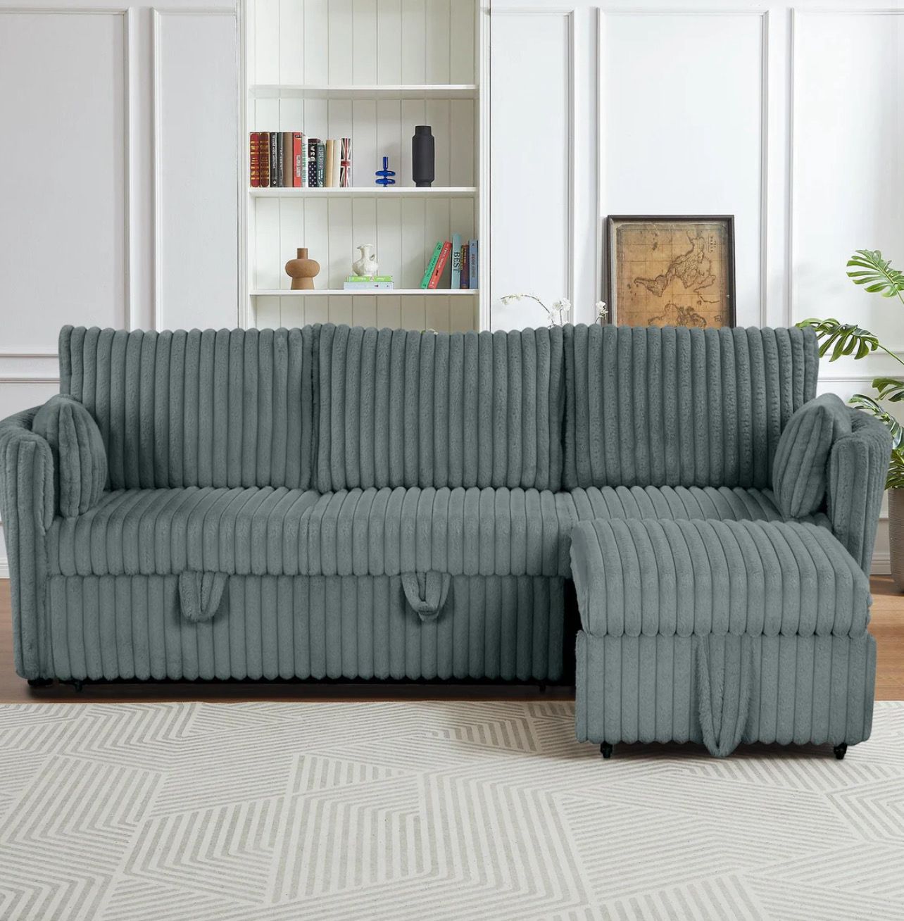 Dark Gray Faux Fur Oversized Convertible Sleeper Sectional Sofa Couch Daybed and Chair Pull Out with 2 Pillows, USB Charging Ports for Living Room Dark Gray Faux Fur Oversized Convertible Sleeper Sectional Sofa Couch Daybed and Chair Pull Out with 2 Pillows, USB Charging Ports for Living Room