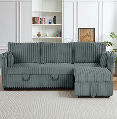 Dark Gray Faux Fur Oversized Convertible Sleeper Sectional Sofa Couch Daybed and Chair Pull Out with 2 Pillows, USB Charging Ports for Living Room