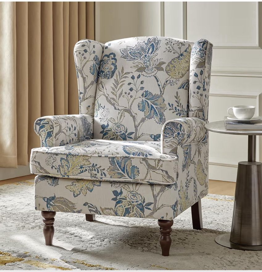 Wingback Accent Chair with Retro Wood Legs, Traditional Fabric Armchair for Living Room Bedroom, Comfy Upholstered Single Sofa Chair Reading Chair with Unique Pattern Design, Blue Wingback Accent Chair with Retro Wood Legs, Traditional Fabric Armchair for Living Room Bedroom, Comfy Upholstered Single Sofa Chair Reading Chair with Unique Pattern Design, Blue
