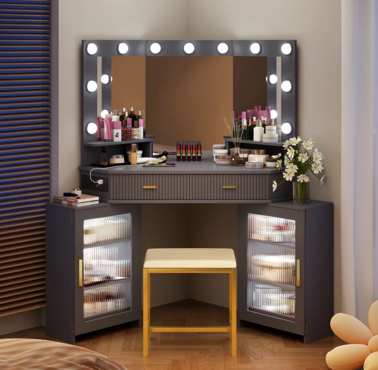 Modern Corner Makeup Vanity Set with Mirror and Cabinets