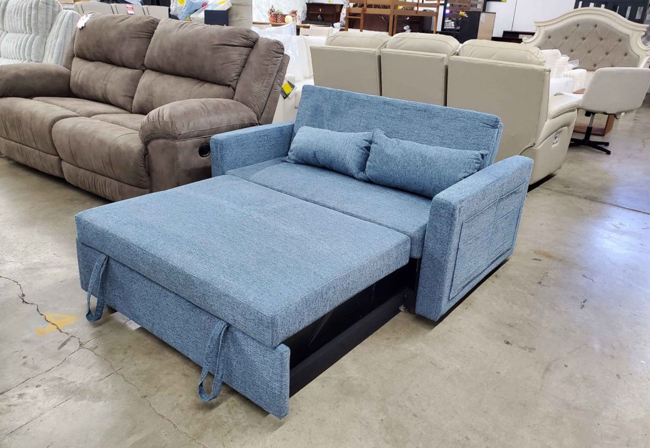 Modern soft Fabric convertible sleeper sofa bed- Pull Out Bed-2 pillow-Blue