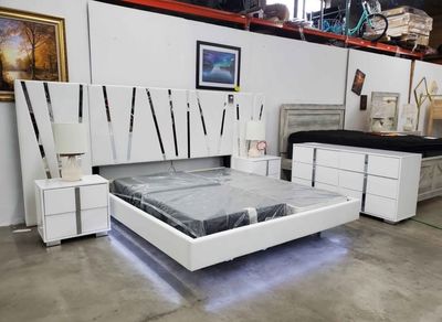 King Size Luxury Bedroom Set White- Nightstand, Dresser, king panel bed,  lamps