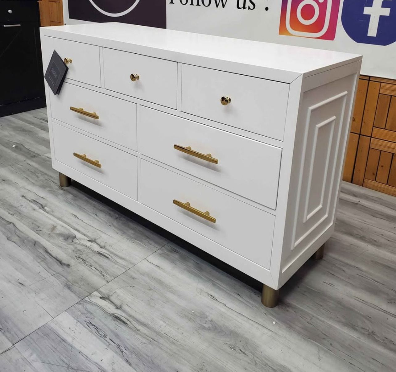 Evolur Nursery Loft Art Deco Double Dresser with 7 Drawers, Gold Metal Handles & Legs