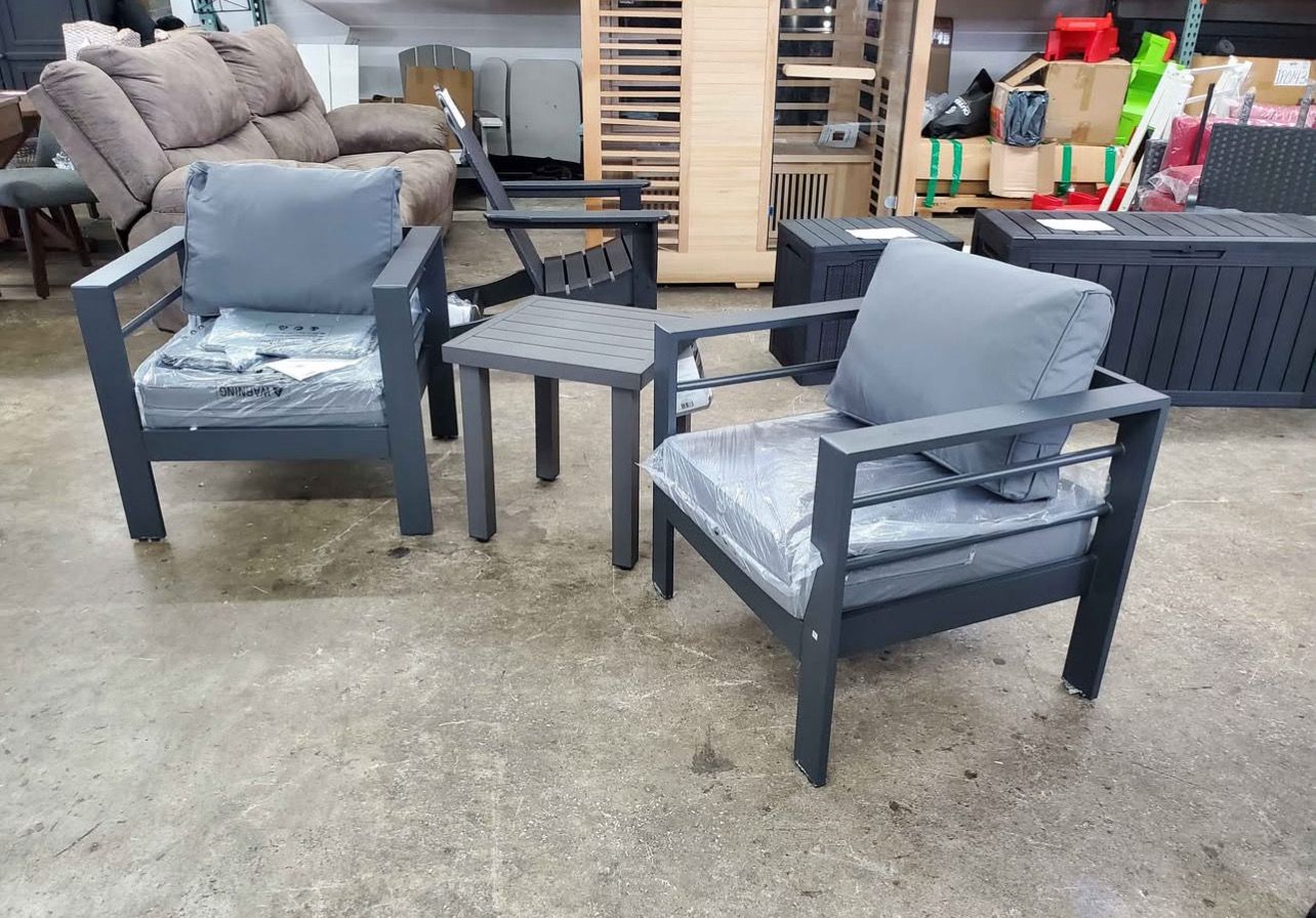 Outdoors 3-Piece Aluminum Patio Conversation Set with Dark Grey Cushions,