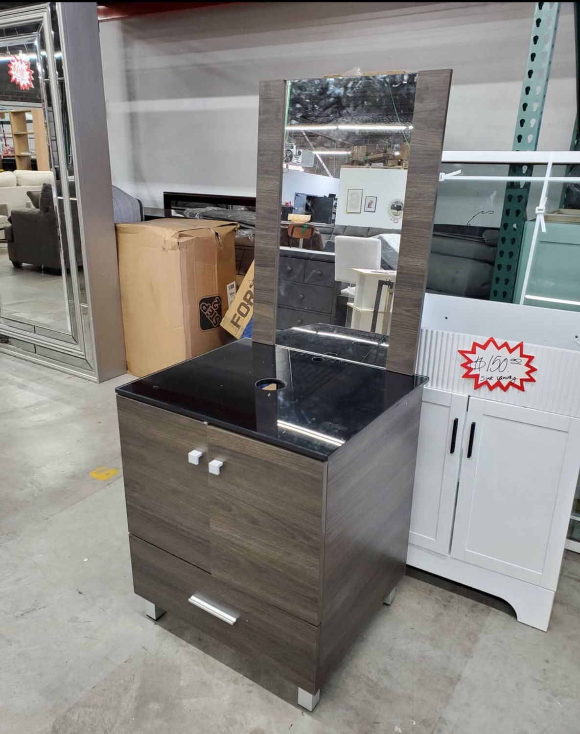 WONLINE 24-in Brown Single Sink Bathroom Vanity with Black Tempered Glass Top (Mirror Included)