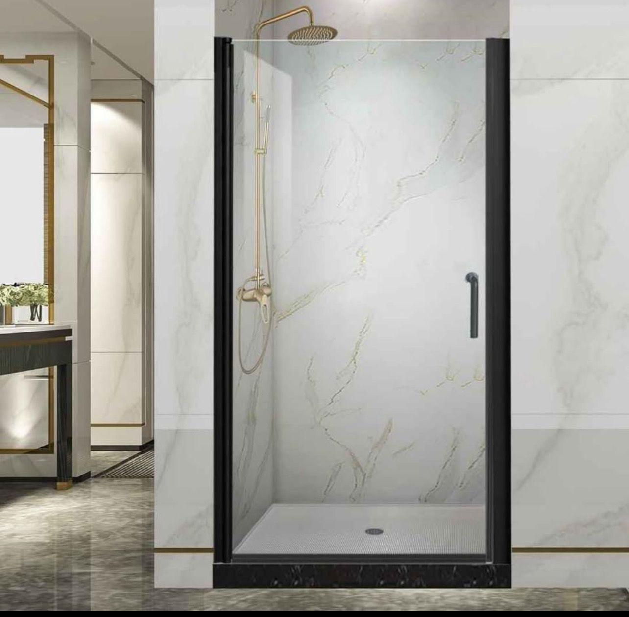 Shower Door GroGro 36-37.5" W x 72" H Black Pivot Swing, Frameless Glass Shower Door