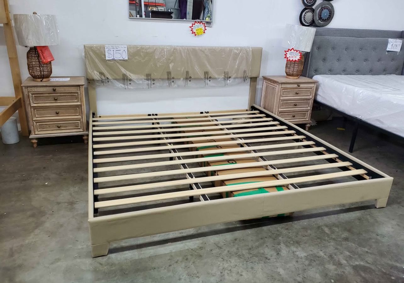King Size Platform Bed Frame Low-Profile with Fabric Upholstered Headboard and Wooden Slats