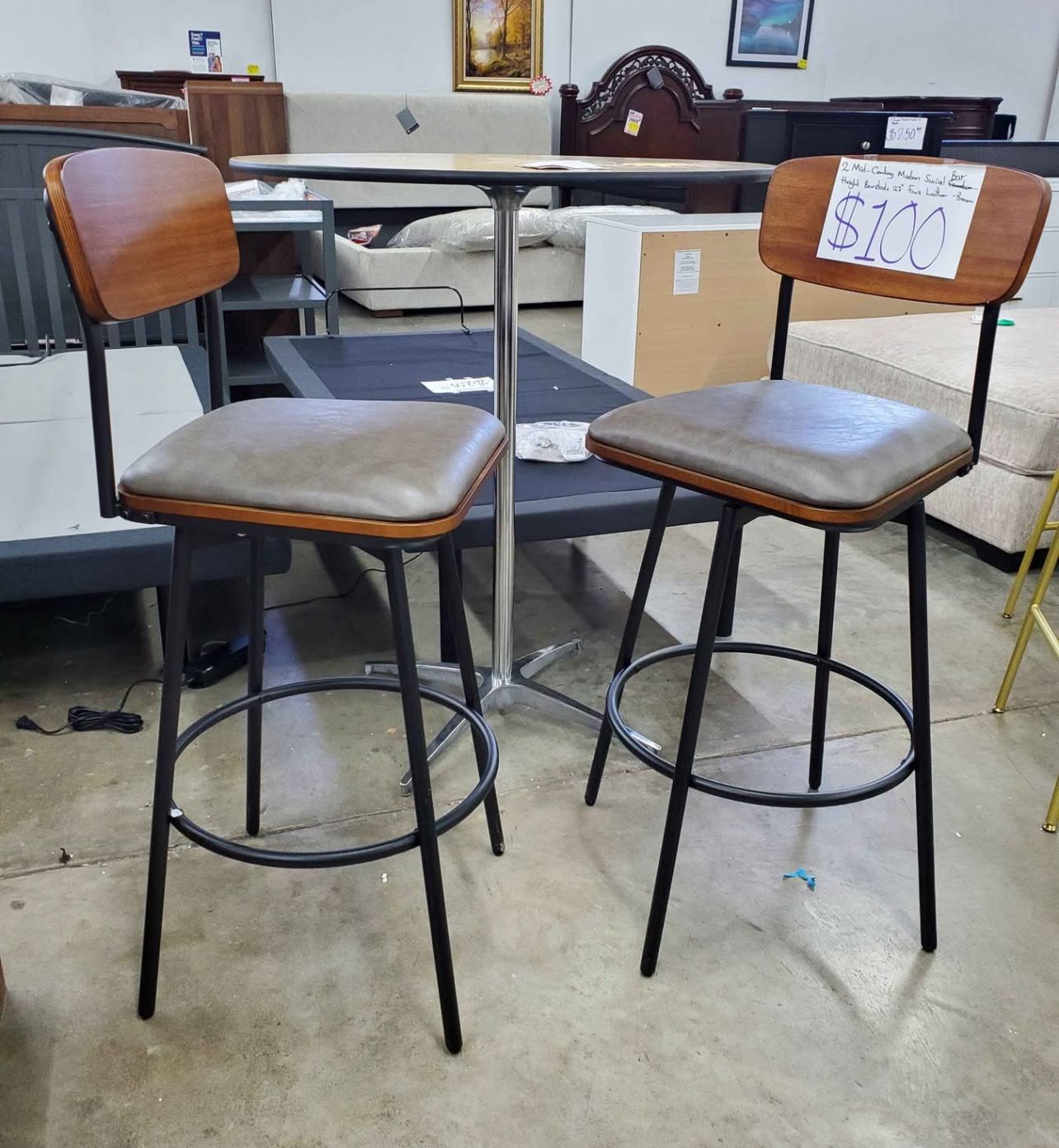 2 Mid-Century Modern Swivel Bar Height Bar Stools 30", Faux Leather Set of 2 -Brown
