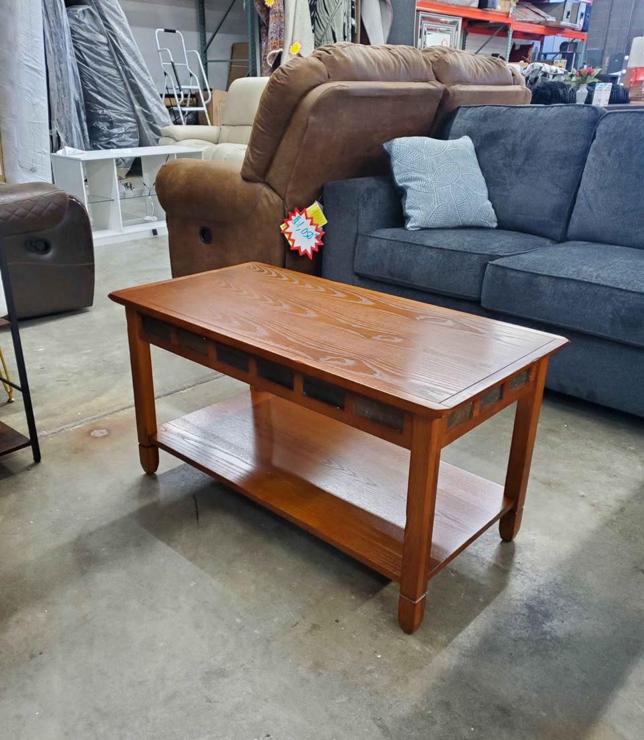 Coffee Table Rustic Slate Tile with Shelf, Rustic Oak Leick Home