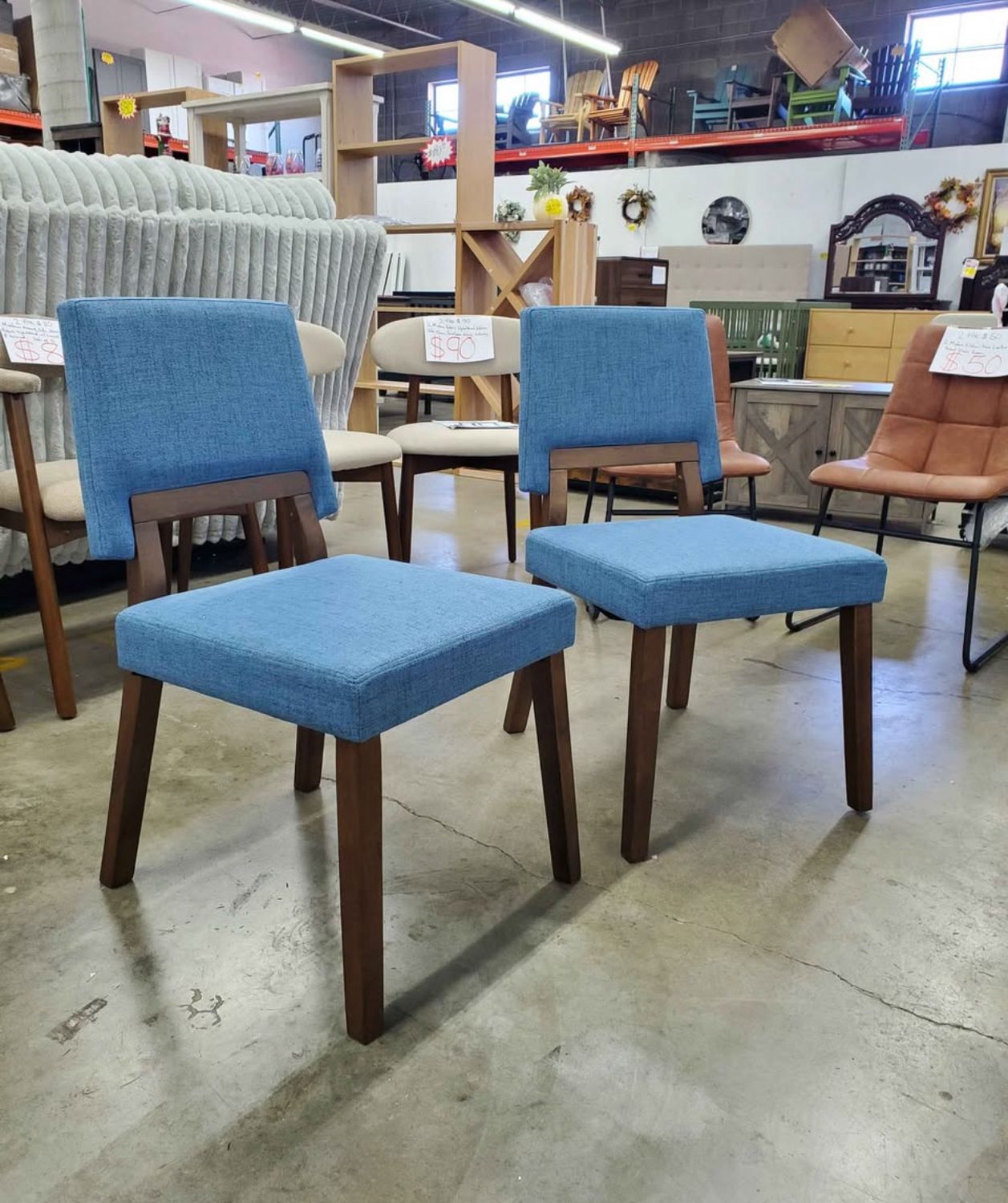 2 Channell Wood Dining Chair in Walnut Finish with Blue Fabric - Set of 2