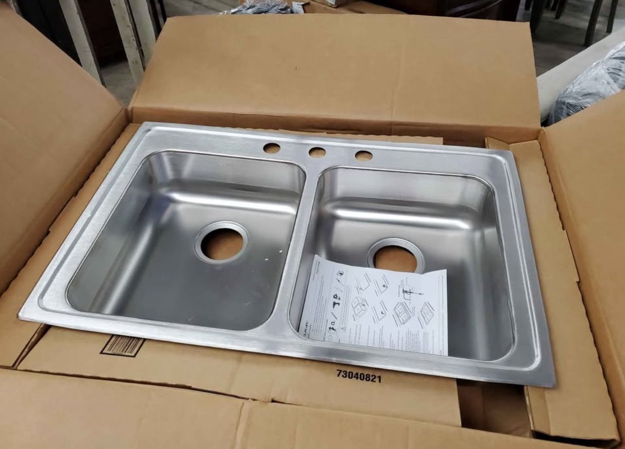 33" Drop In Double Basin Stainless Steel Kitchen Sink - 3 Faucet Holes- Elkay
