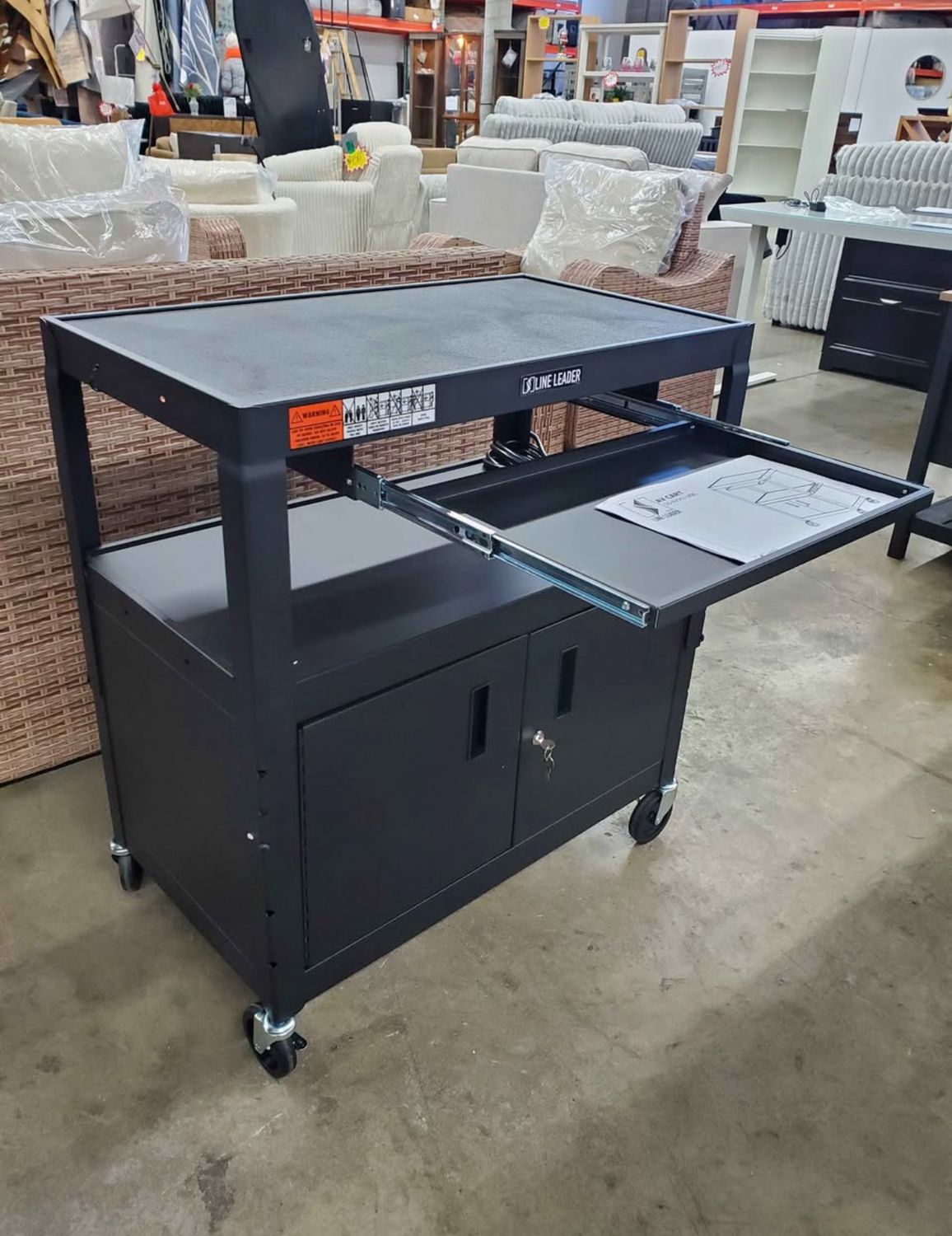 Home/Office Utility Cart with Locking Cabinet, Height Adjustable Pullout Keyboard Tray & Cord Mgmt