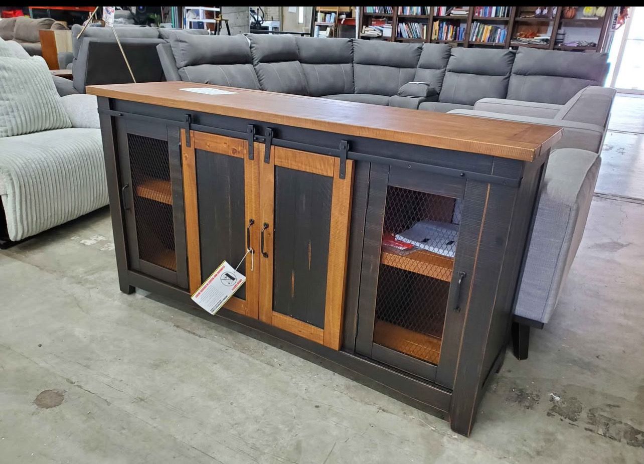 Rustic Farmhouse TV Stand with Barn Doors & Storage 65 Inch  - Antique Black and Honey