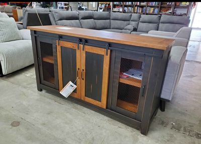 Rustic Farmhouse TV Stand with Barn Doors & Storage 65 Inch  - Antique Black and Honey