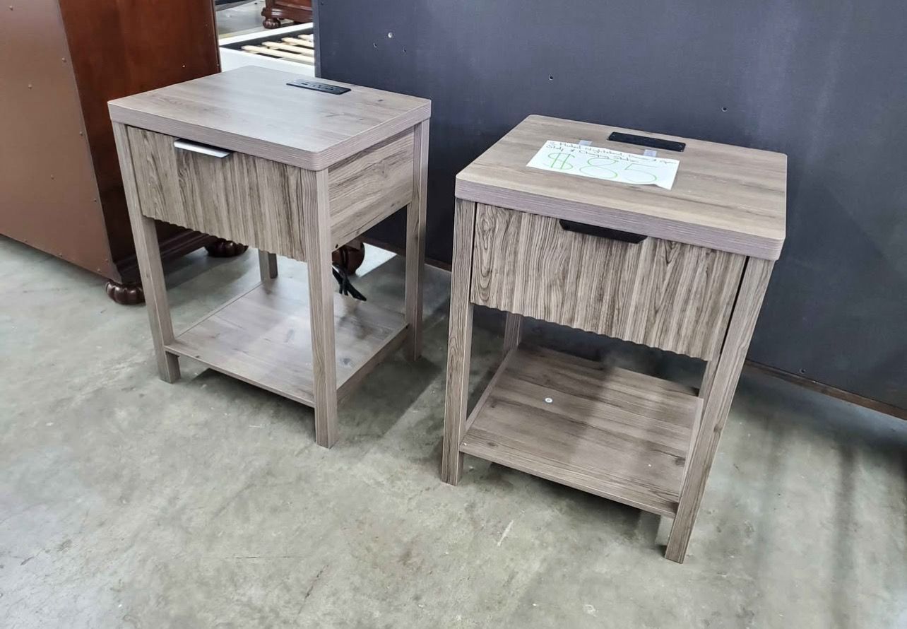 Set of 2 Fluted Nightstand, Drawer & Open Shelf, & Charging Station