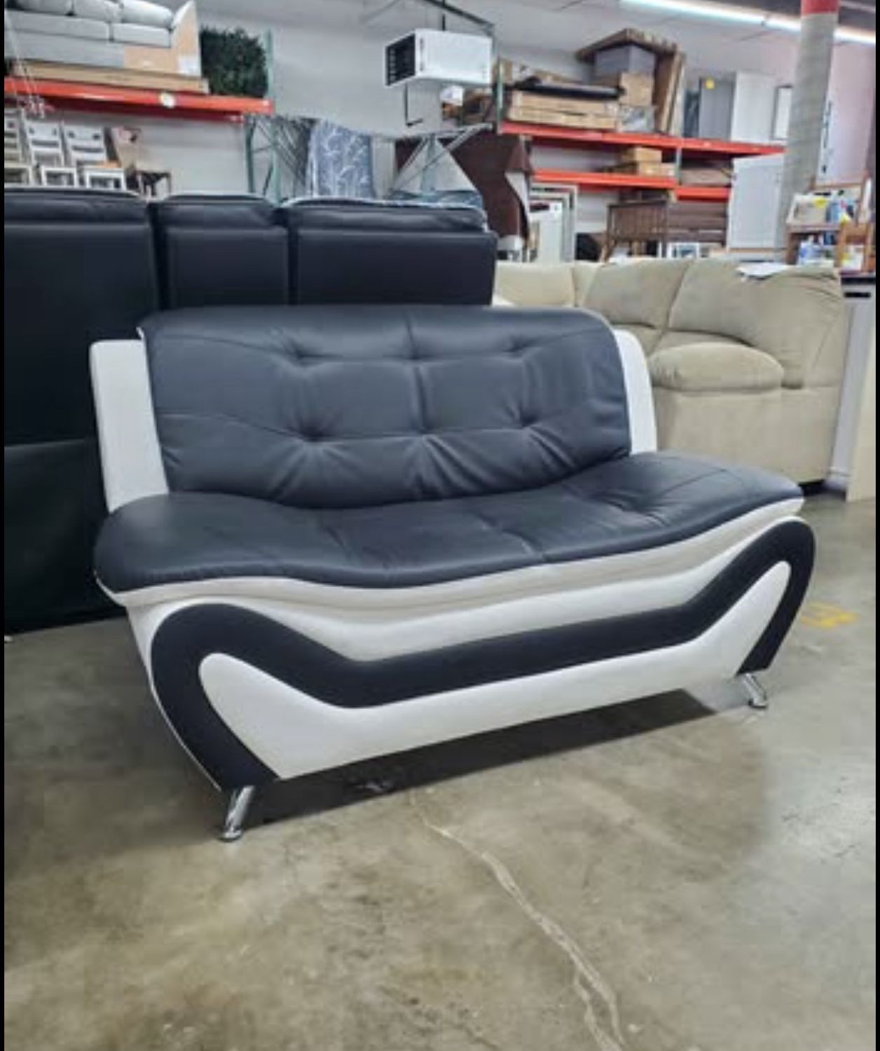 Modern Loveseat Couch sofa tufted black and white faux leather chrome legs