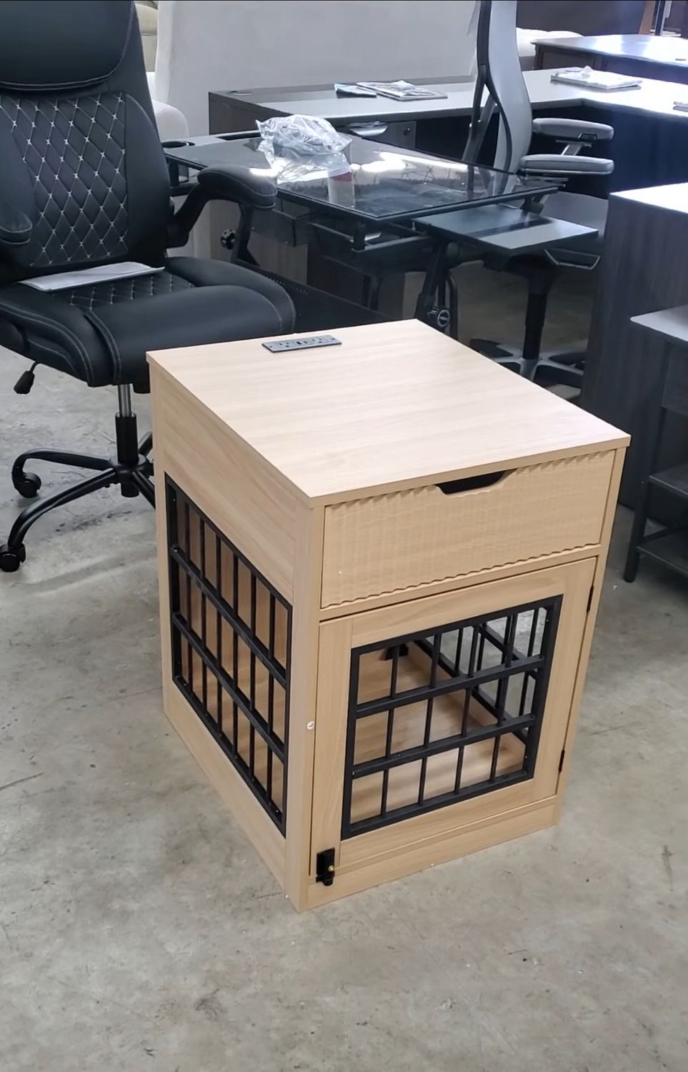 Small Pet Crate End Table With Charging Station fluted drawer and natural wood finish.