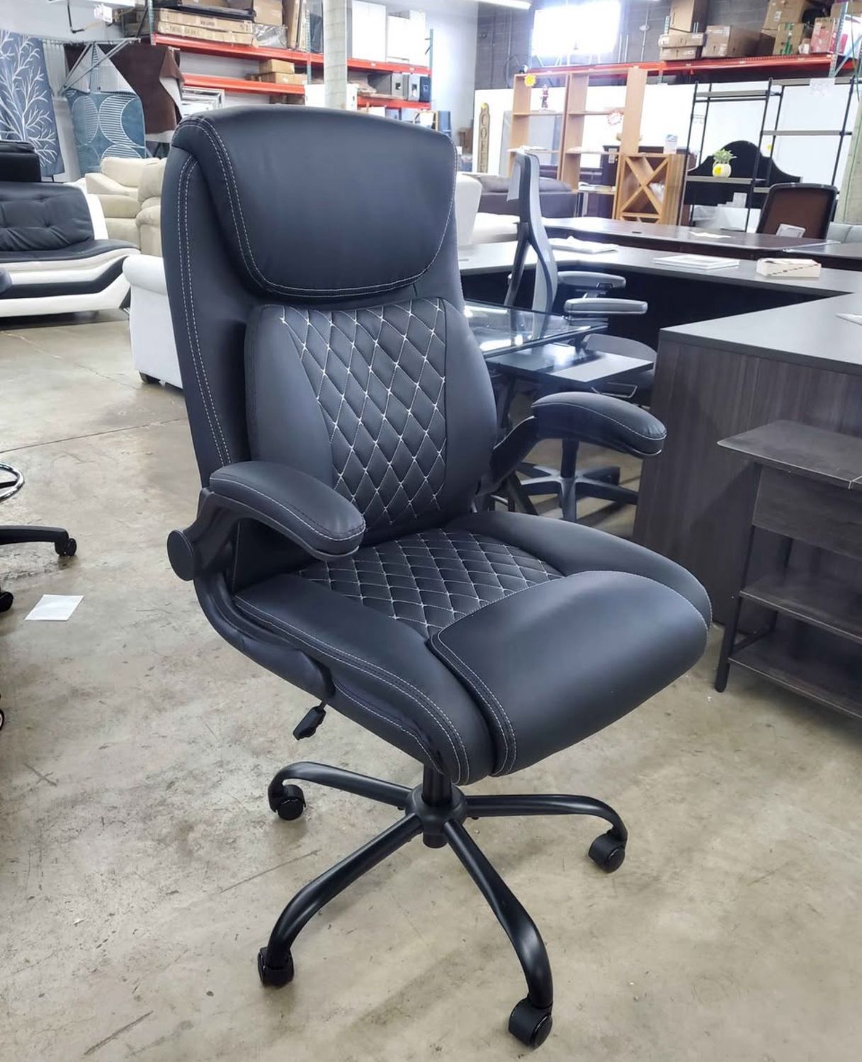Executive Office Desk Chair, PU Leather, Black Flip up arms 400lbs capacity