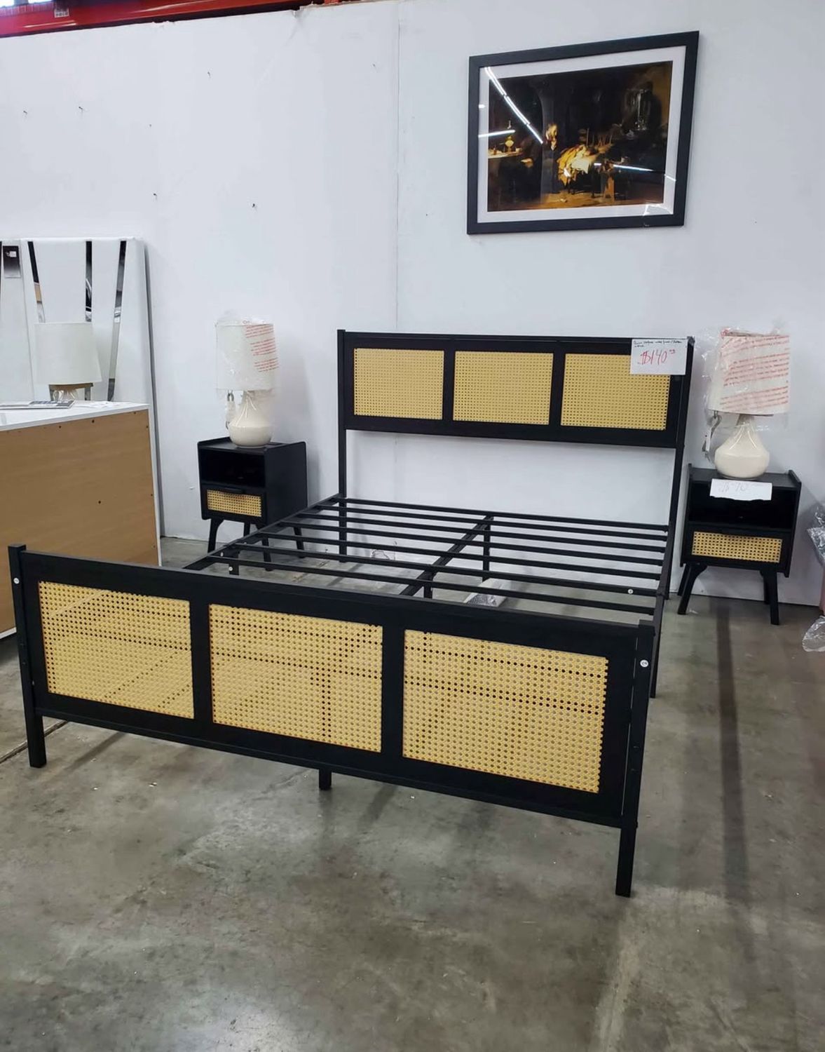 Queen Size Rattan Platform Bed Frame with Headboard, Strong Metal Slat No Box Spring Needed