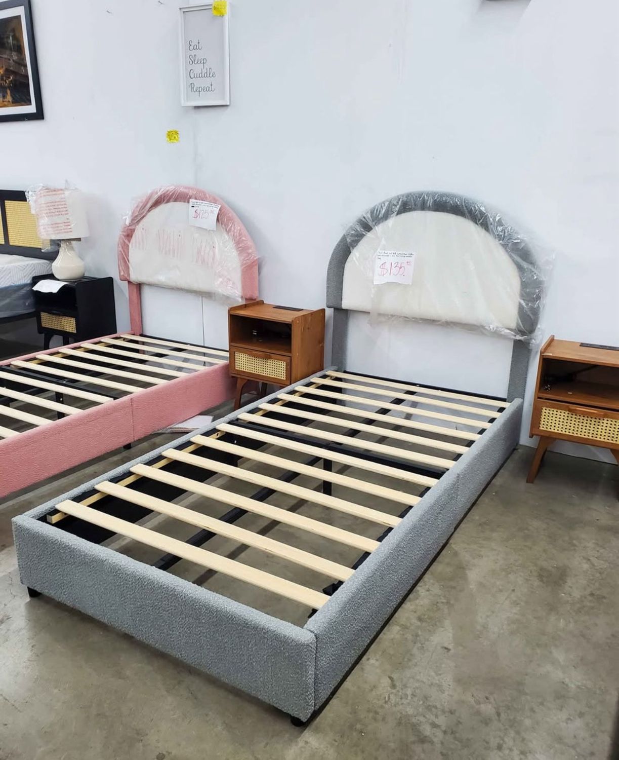 Twin Size Platform Bed Frame Upholstered Modern Boucle Bed Gray-No Box Spring Needed