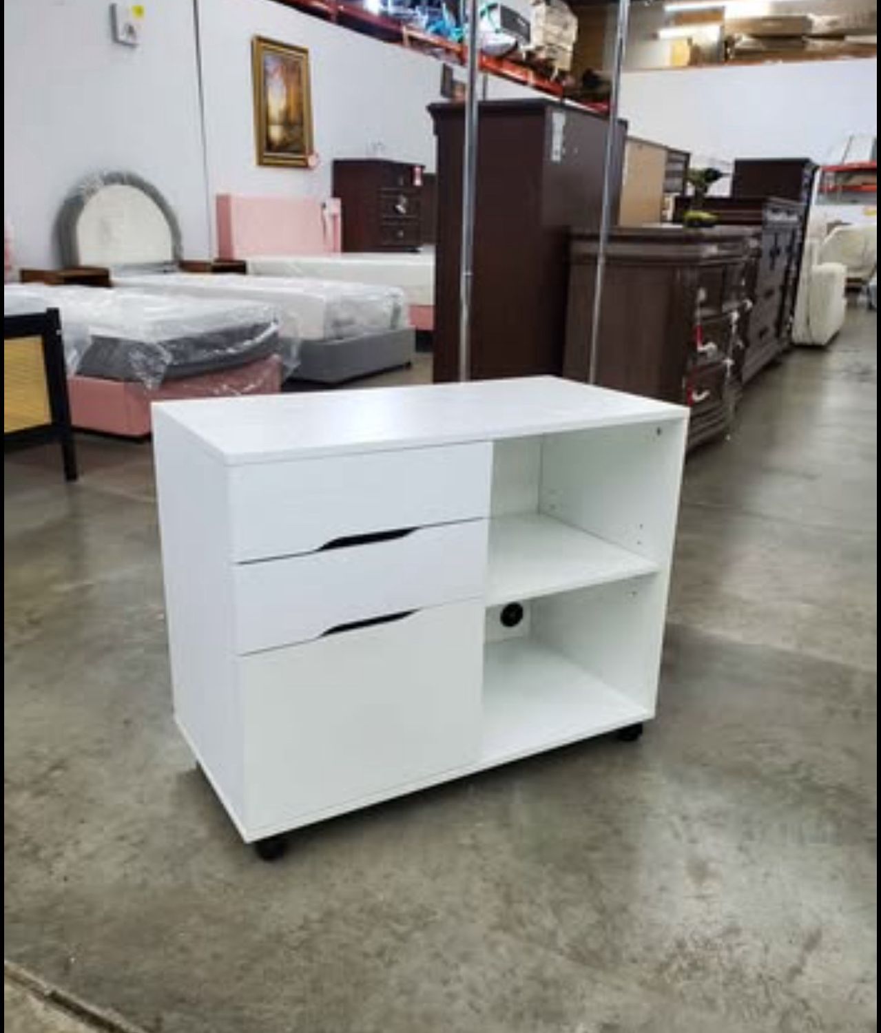 Mobile Rolling Lateral File Cabinet with 2 Storage Shelves 3-Drawer White Wood 15.74 in. Mobile Rolling Lateral File Cabinet with 2 Storage Shelves 3-Drawer White Wood 15.74 in.