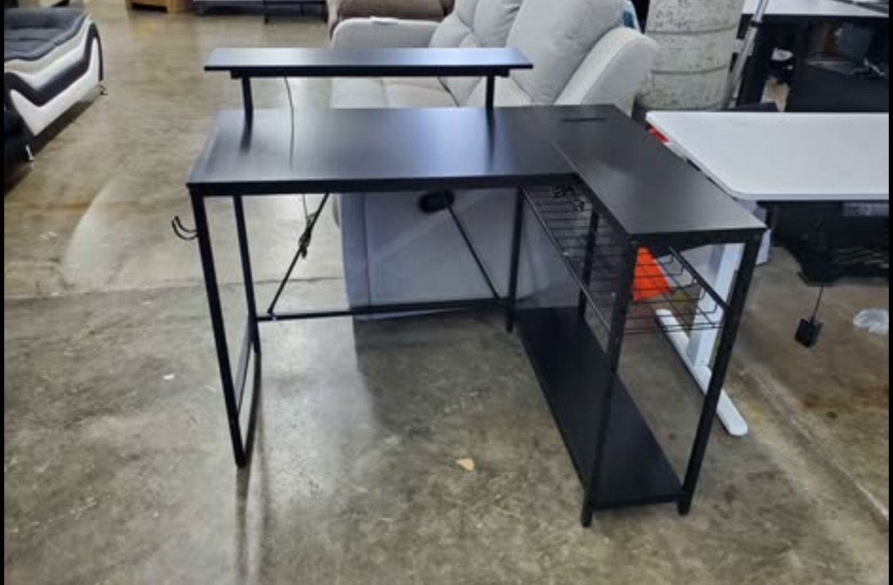 Gaming Desk 42 in. L-Shaped Black Fiber Carbon LED  with Storage Shelf and Power Outlets