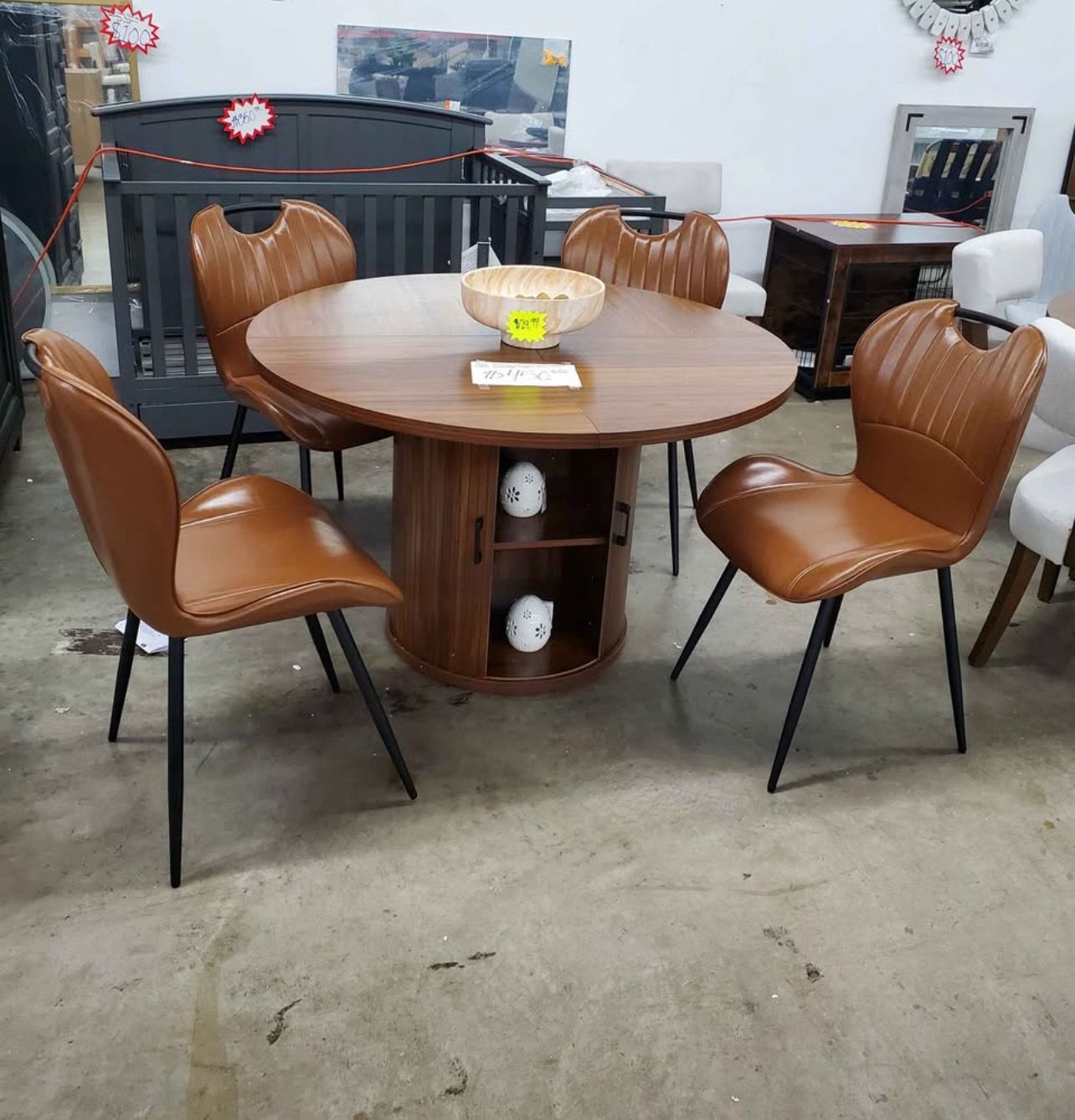 5-Piece 48" Round Dining Table with Storage 4 Faux Leather Chairs Modern Farmhouse