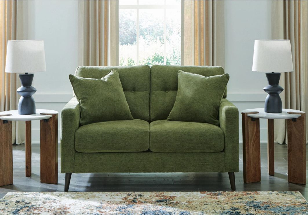 Bixler Loveseat Midcentury Style In Green By Ashley With Throw Pillows Bixler Loveseat Midcentury Style In Green By Ashley With Throw Pillows