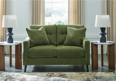 Bixler Loveseat Midcentury Style  In Green By Ashley With Throw Pillows