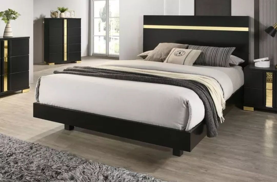 Lillestrom Black and Gold Queen Platform Bed with Underbed LED Light Lillestrom Black and Gold Queen Platform Bed with Underbed LED Light