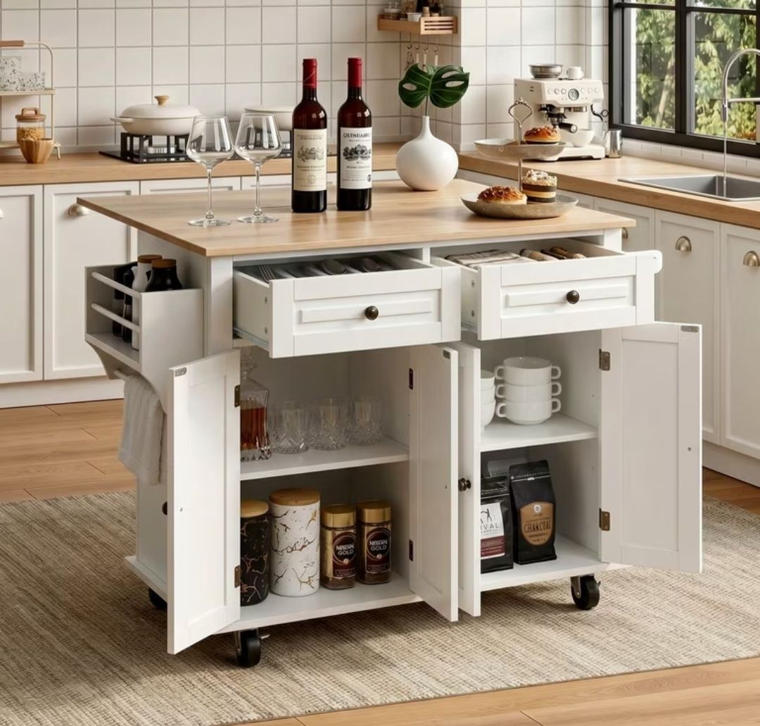 Kitchen Island with Storage and Drop Leaf, Kitchen Islands Cart on Wheels, Microwave Table with Rubber Wood Top, Drawers and Spice & Towel Rack