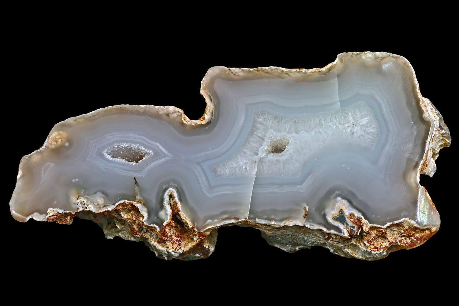 Fortification Agate with 2 small crystal geodes​ (pair with #30)