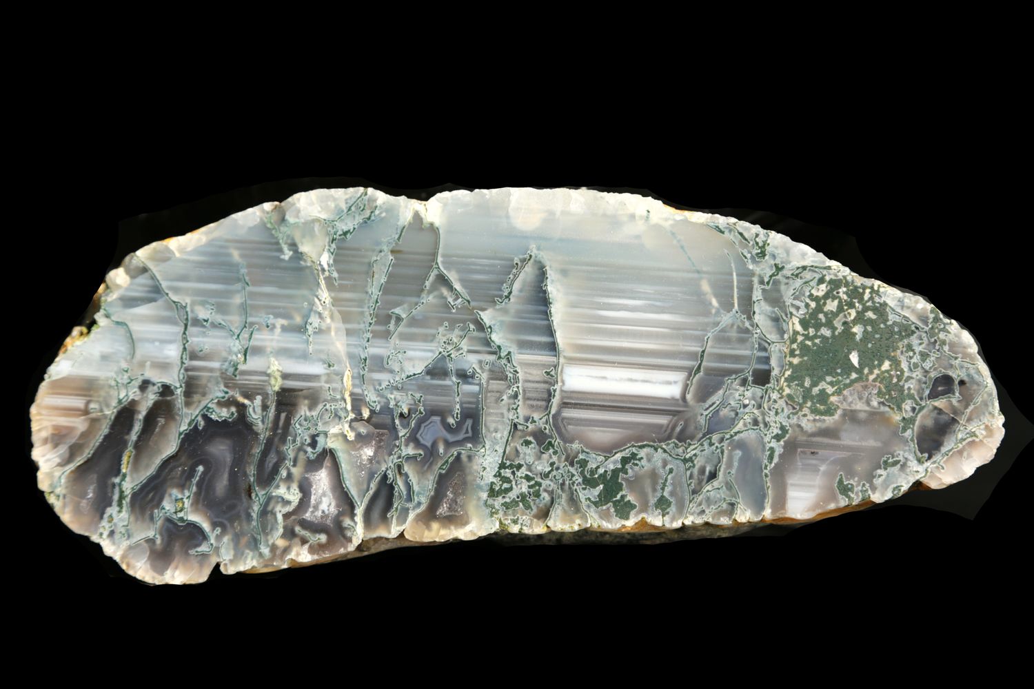 Green Moss Agate.  Banded waterline with green moss at the top