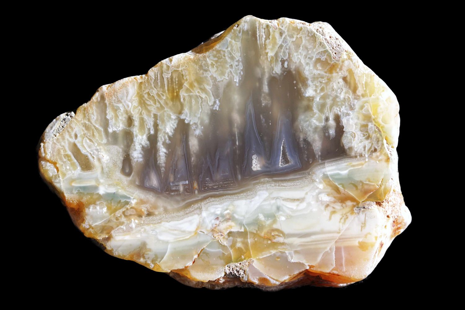 Plume Agate with a small geode &amp; a colourful base