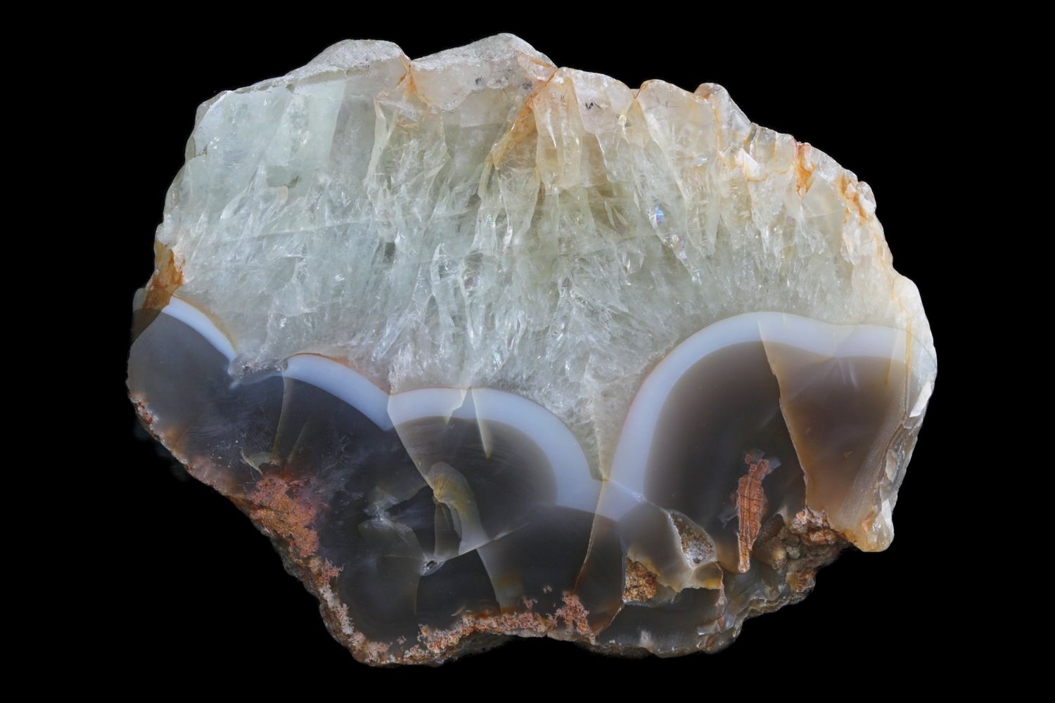 Slightly Citrine coloured Crystalline Top Agate with a Bold White Fortification Line and Grey Agate on the bottom