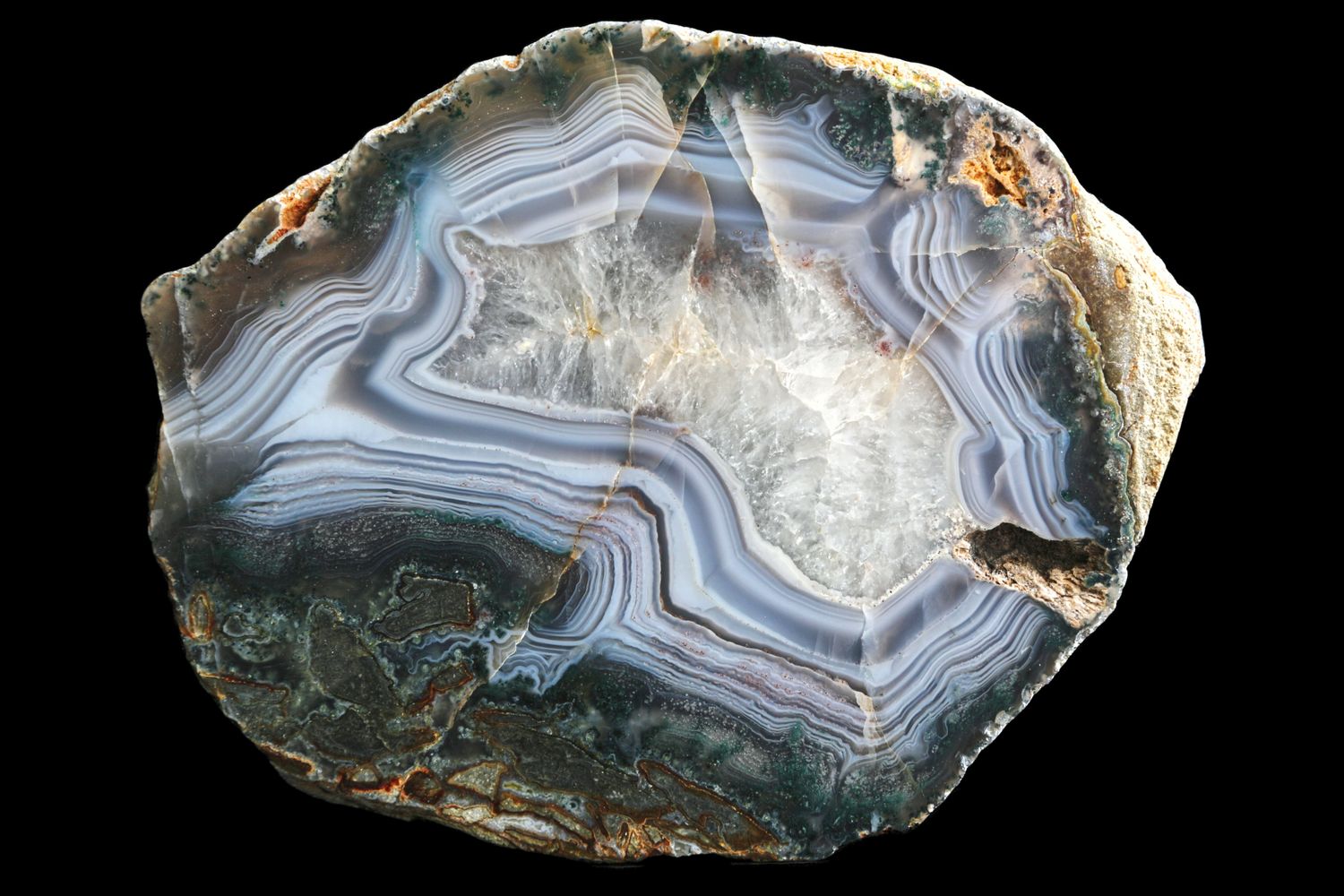 Fortified Agate with Crystal Centre &amp; Green Moss edge, Blue/Grey banding ( 2kg )