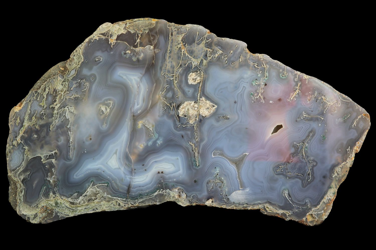 Large Moss Agate, Fortification centres.  Calcite inclusions (1.789 kg)