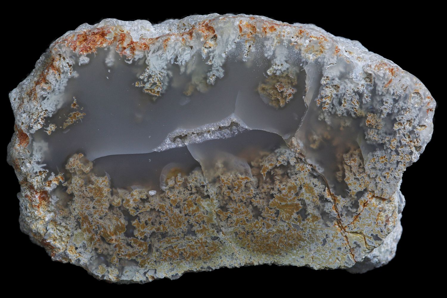 Moss Agate, clear grey Chalcedony with a crystal centre